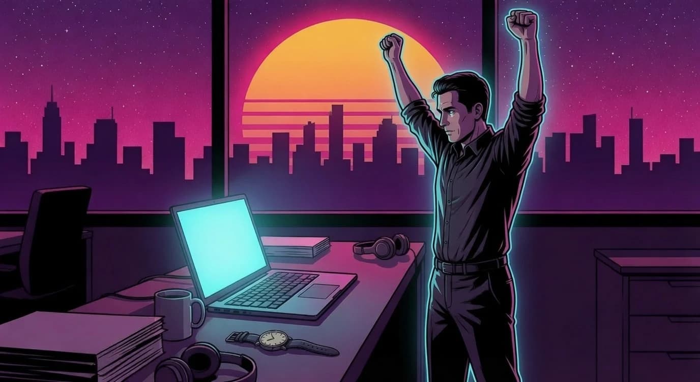 Knowledge worker mid-stretch on tiptoe at a standing desk in front of a midday synthwave skyline.