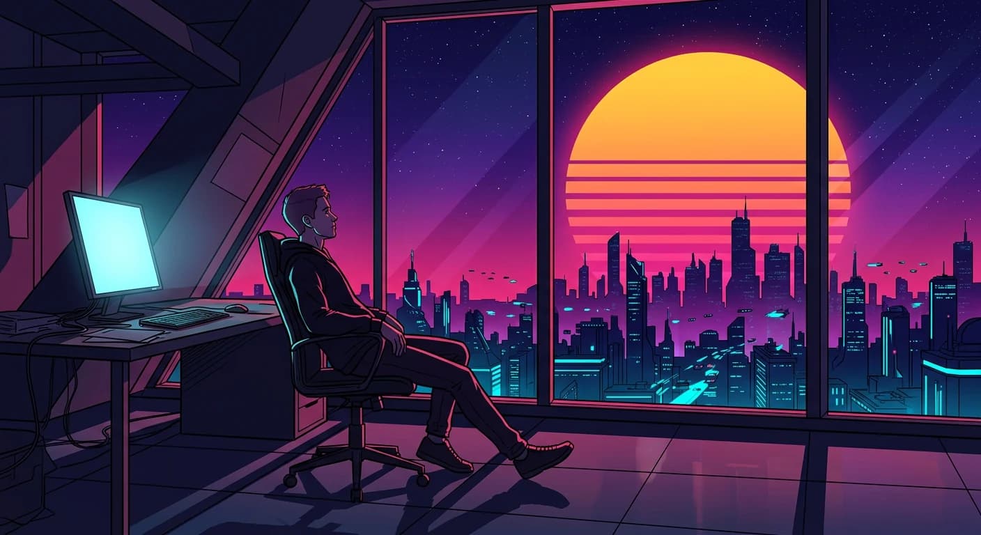 Knowledge worker hunched at a desk facing a window, retro sun setting over a synthwave city skyline behind them.