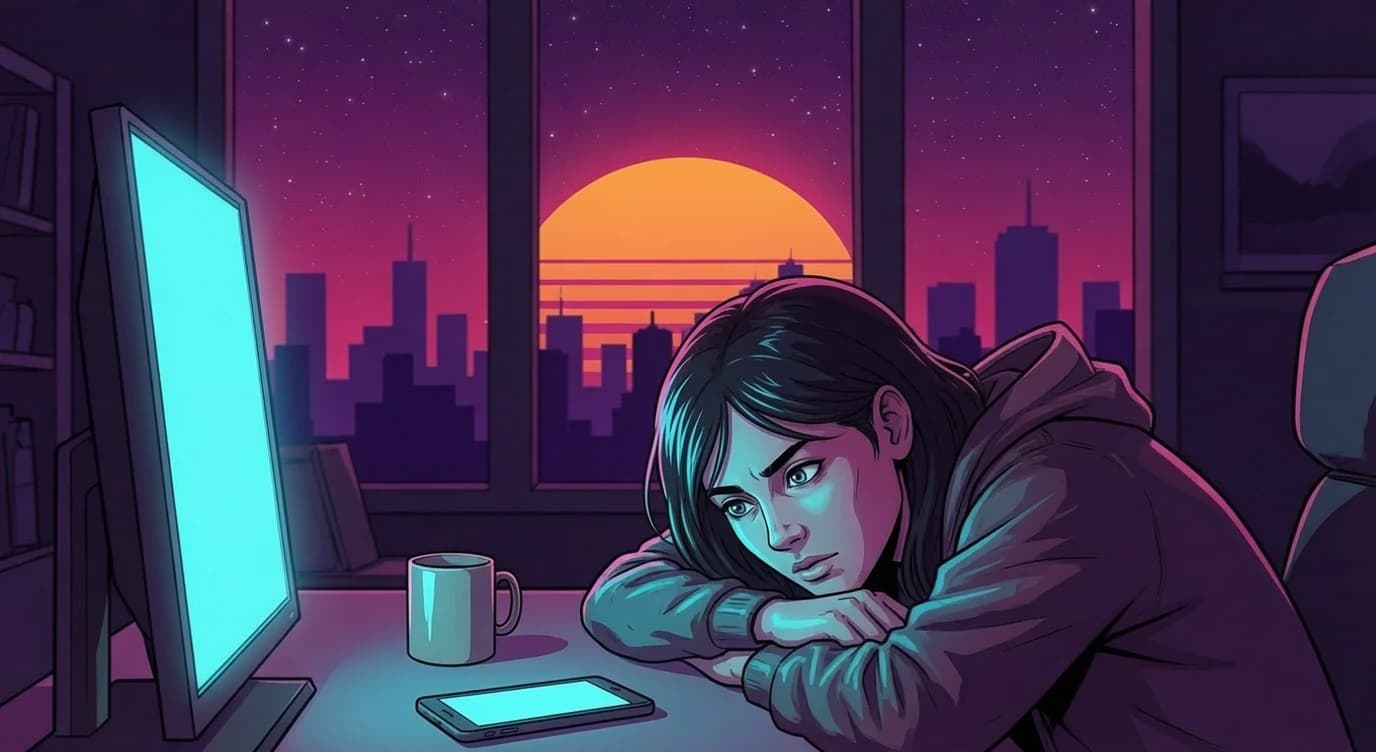ADHD professional leaning over a glowing monitor in a dimmed room at synthwave sunset, untouched coffee and a face-down phone on the desk.