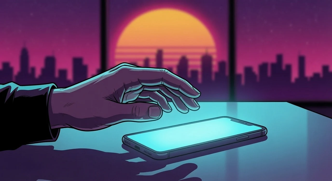 Close-up of a hand hesitating above a glowing phone notification on a desk, synthwave sunset blurred in the background.