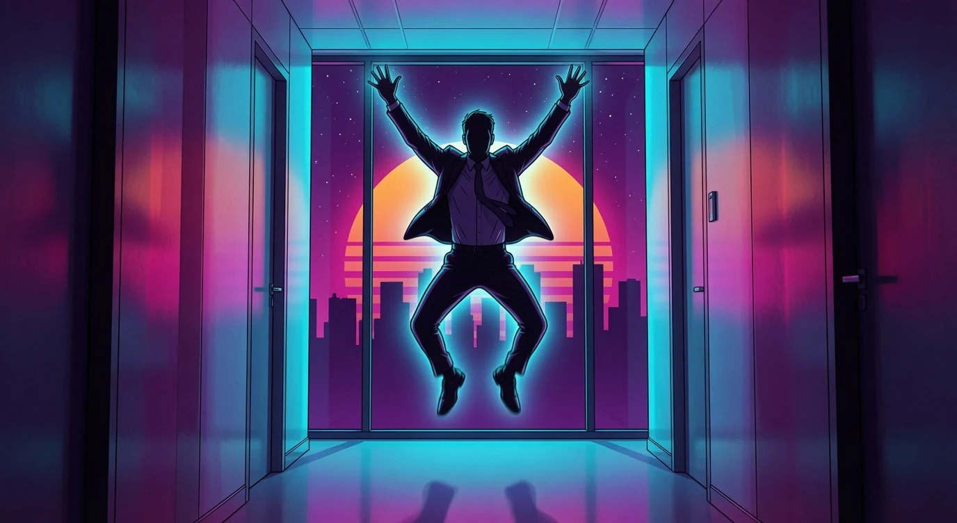 Knowledge worker mid-jumping-jack in an office hallway, synthwave sun and skyline visible through the window at the end of the corridor.