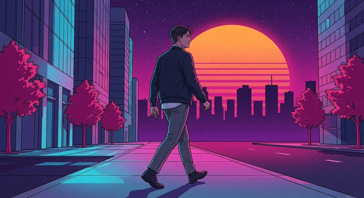 Knowledge worker walking down a synthwave city sidewalk toward a high retro sun, viewed from three-quarters behind.